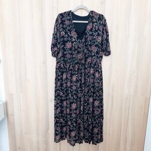 VTG Starina Womens Maxi Dress Size M Black Floral Lace Short‎ Sleeve 90s Cottage